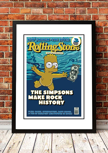Framed A3 print of the Rolling Stone Nevermind cover artwork showing Homer Simpson floating underwater in blue water