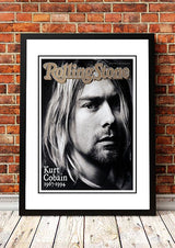 Framed A3 wall art print reproducing the 1994 Kurt Cobain Rolling Stone magazine cover portrait