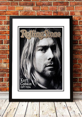 Framed A3 wall art print reproducing the 1994 Kurt Cobain Rolling Stone magazine cover portrait