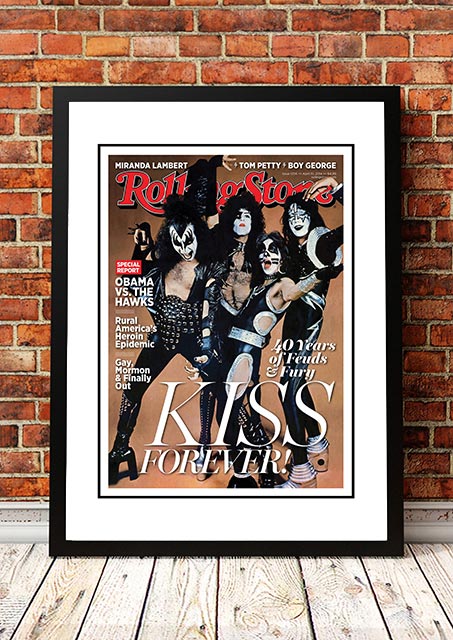 Framed A3 wall art print reproducing the 2014 Rolling Stone magazine cover featuring the band KISS