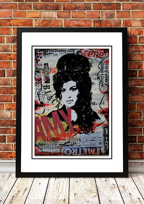 Amy Winehouse framed A3 art print with beehive hair and winged eyeliner portrait, ready to hang