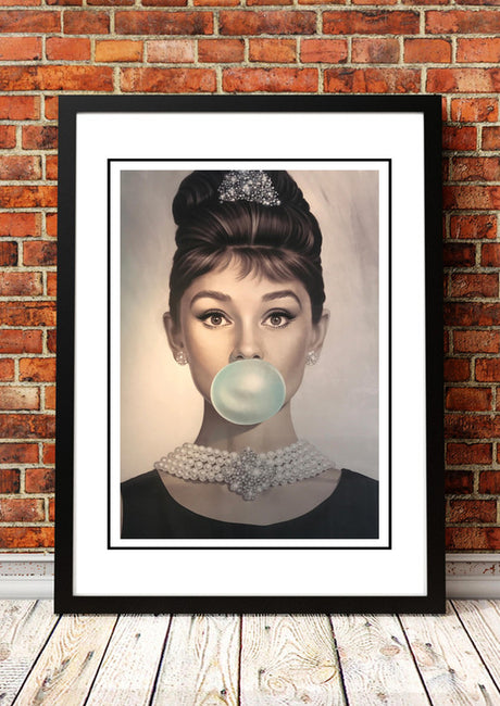 Audrey Hepburn Bubblegum pop art print framed in A2, playful vintage Hollywood portrait wall art