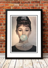 Audrey Hepburn Bubblegum pop art print framed in A3, playful vintage Hollywood portrait wall art