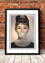 Audrey Hepburn Bubblegum pop art print framed in A3, playful vintage Hollywood portrait wall art