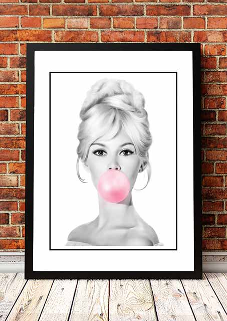 Framed A3 pop art print of Brigitte Bardot in bright Bubblegum colours, ready to hang wall art