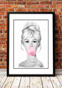 Framed A3 pop art print of Brigitte Bardot in bright Bubblegum colours, ready to hang wall art