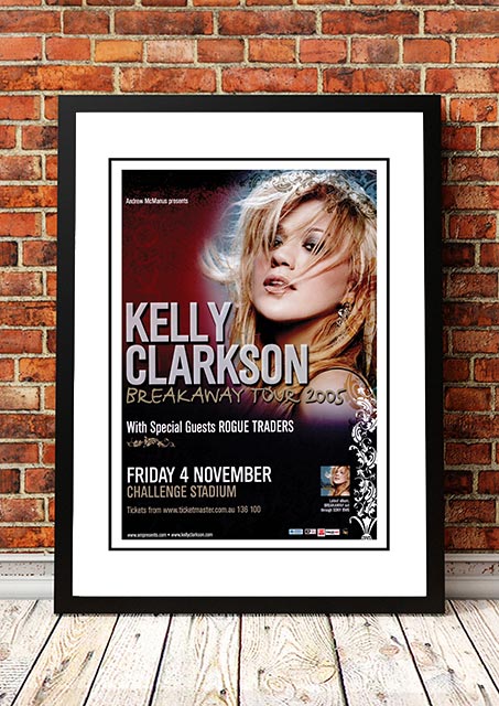 Framed A3 print of a restored 2005 Kelly Clarkson Breakaway Tour concert poster from Perth, Australia
