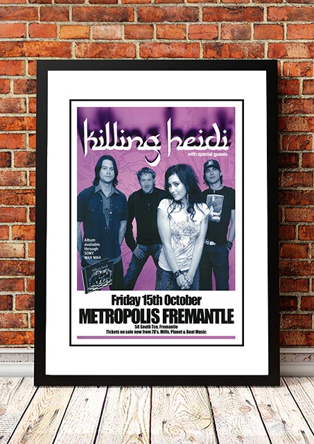 Framed A3 print of a restored 2004 Killing Heidi Metropolis gig poster from Fremantle, Australia