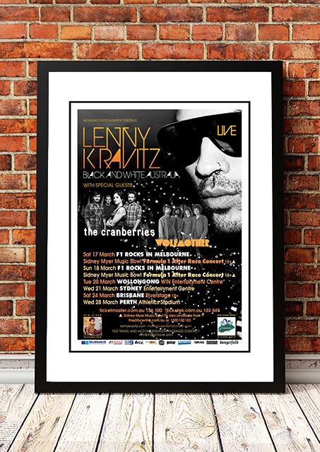 Framed A3 restored print of the 2012 Lenny Kravitz Black and White Australian tour artwork