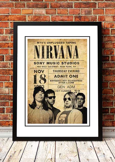 Framed A3 pop art print of Nirvana's 1993 MTV Unplugged performance, styled as music themed wall art