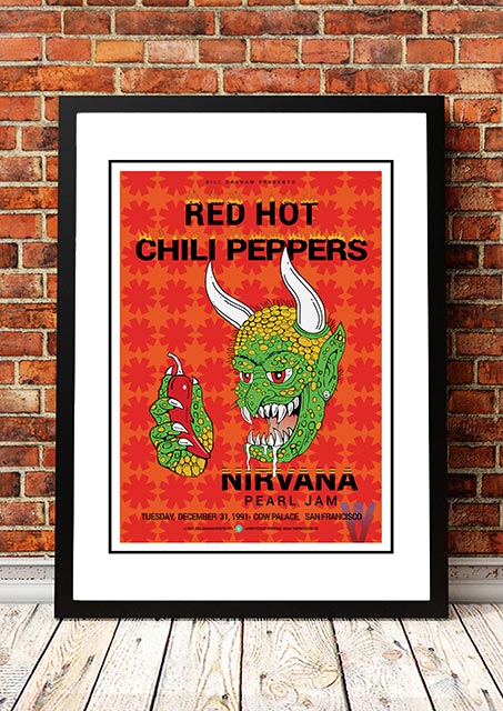 Framed A3 wall print of the 1991 Cow Palace concert poster artwork listing Red Hot Chili Peppers, Nirvana and Pearl Jam