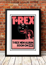 Framed A3 digitally restored print of the 1972 T Rex The Slider promotional poster with Marc Bolan
