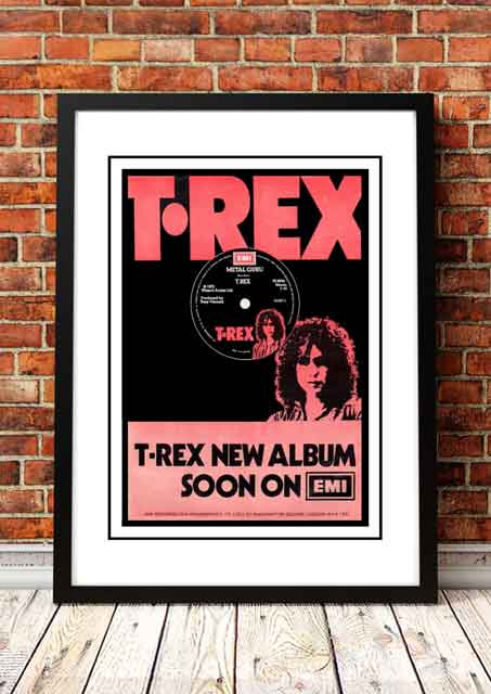 Framed A3 digitally restored print of the 1972 T Rex The Slider promotional poster with Marc Bolan