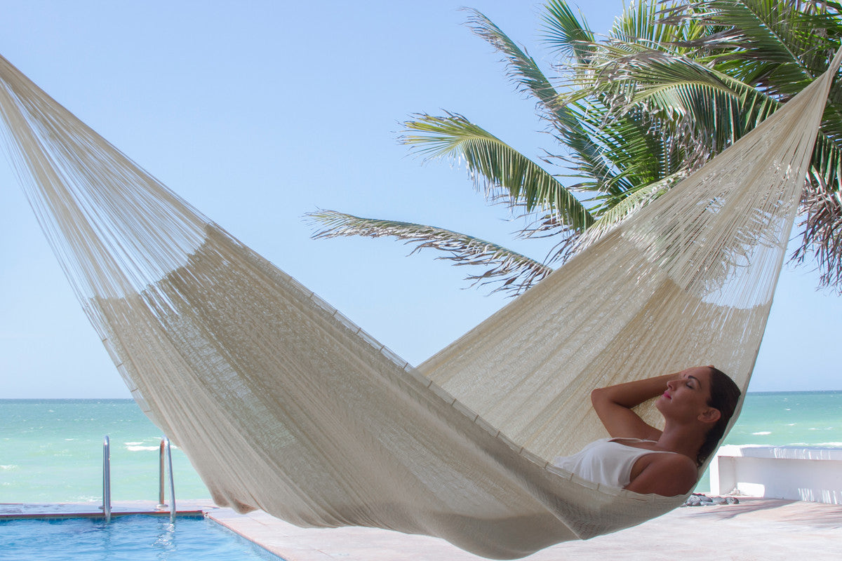 Lanin cream queen size nylon hammock hung outdoors