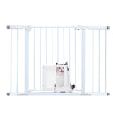 Grey wall mount safety gate with built in cat flap fitted in a doorway