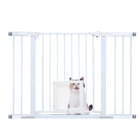Grey wall mount safety gate with built in cat flap fitted in a doorway