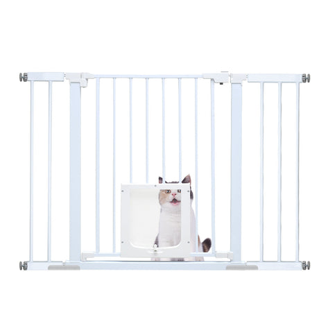 Baby safety gate with lockable pet door in white