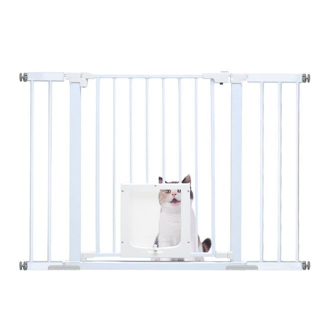 Grey wall mount safety gate with built in cat flap fitted in a doorway