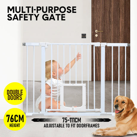 Baby safety gate with lockable pet door in white