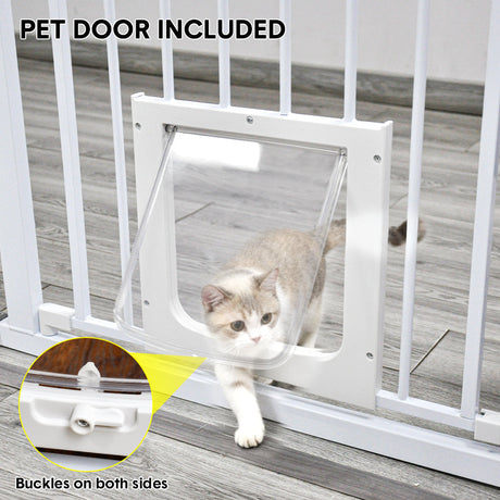 Baby safety gate with lockable pet door in white
