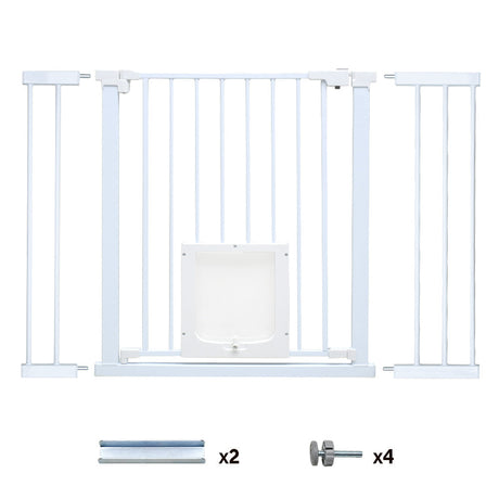 Baby safety gate with lockable pet door in white