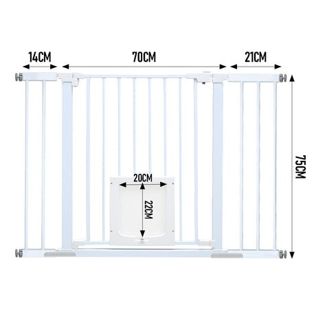 Baby safety gate with lockable pet door in white