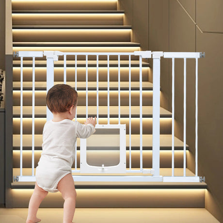 Baby safety gate with lockable pet door in white