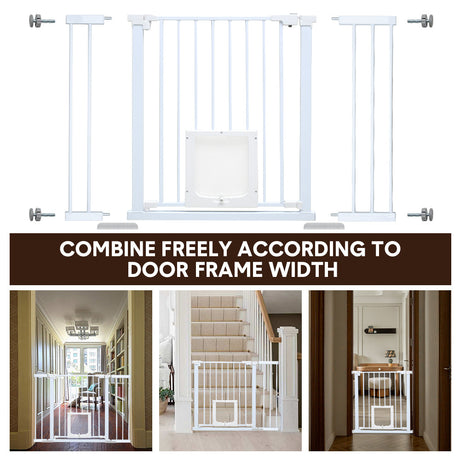 Baby safety gate with lockable pet door in white