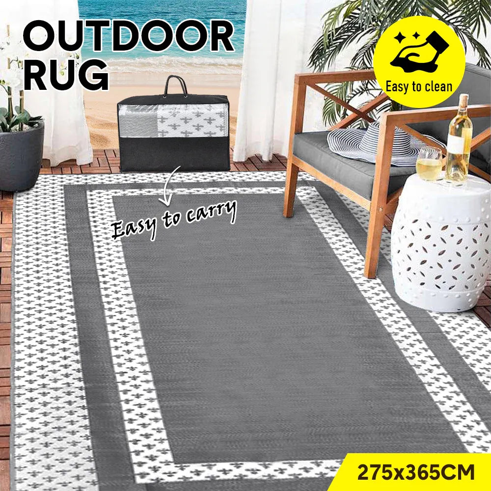 Weatherproof plastic weave outdoor rug in silver grey