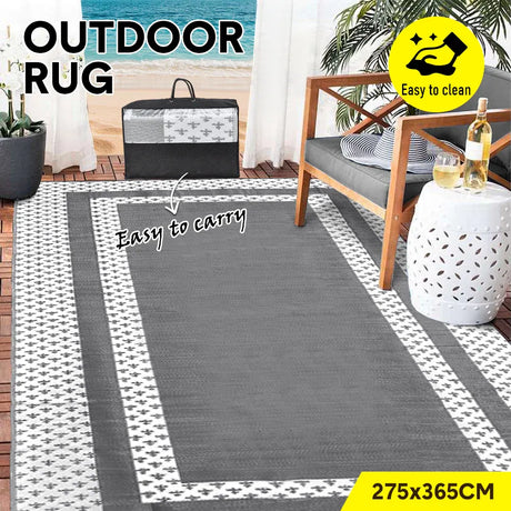 Weatherproof plastic weave outdoor rug in silver grey