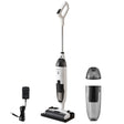 White and grey cordless wet dry stick vacuum with storage base