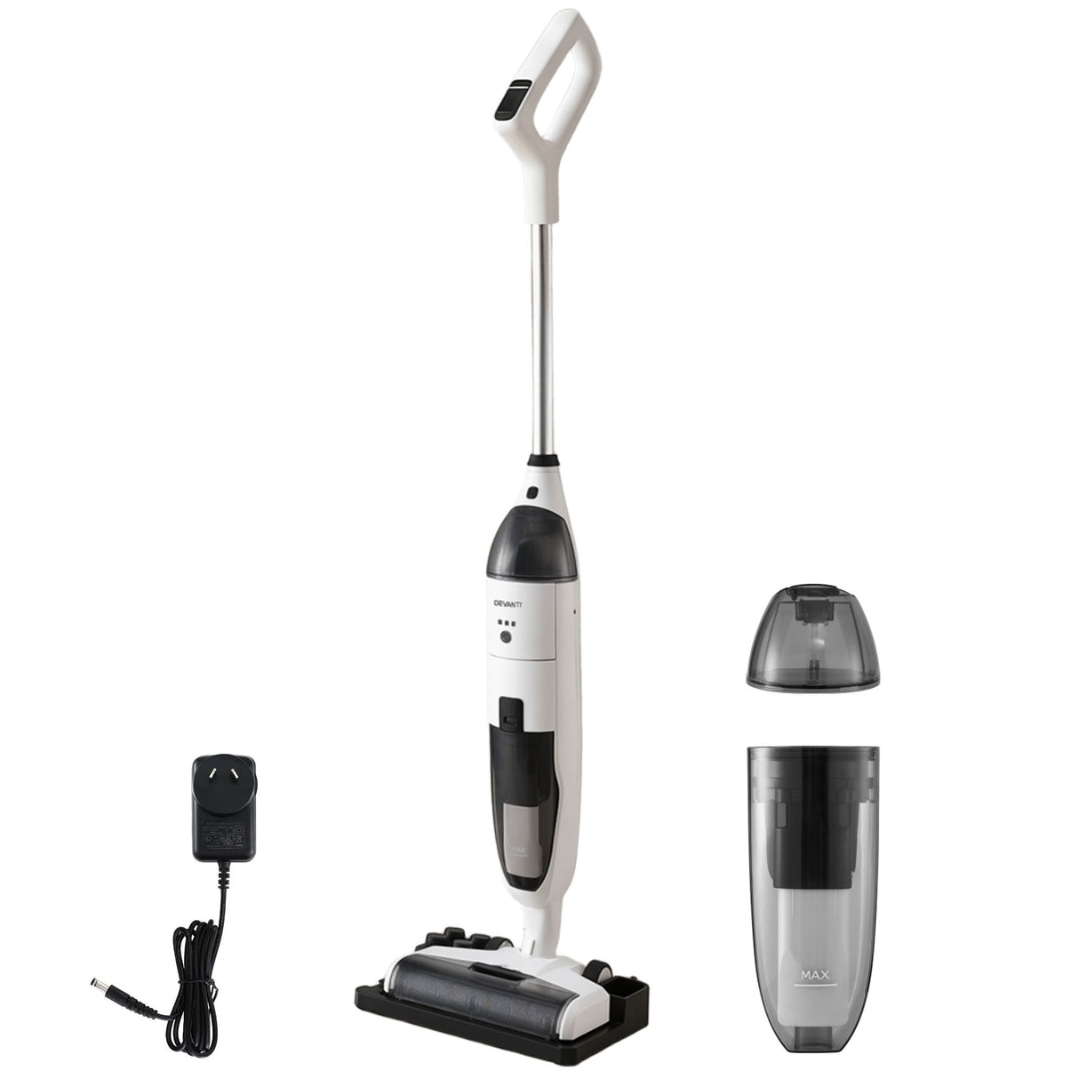 White and grey cordless wet dry stick vacuum with storage base