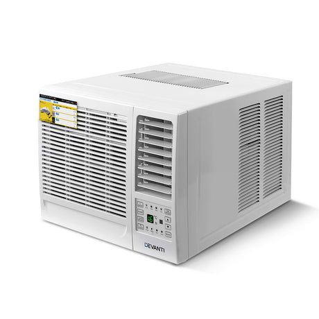 White 1.7 kW window air conditioner with LED control panel and remote control