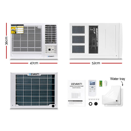 Front view of white window air conditioner showing air vents and auto swing louvres