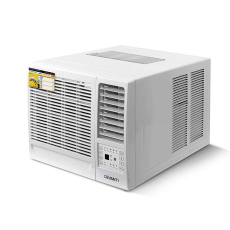 White 2.7 kW reverse cycle window air conditioner with LED control panel and remote