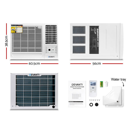 Front view of white window air conditioner showing air vents and auto swing louvres