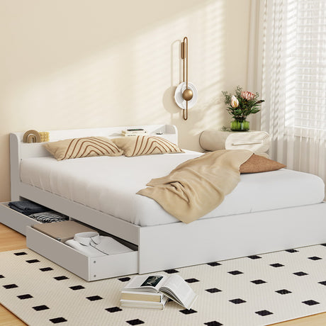 Artiss AURA double bed frame with charging ports and 2 storage drawers in white — full view — Allure Home Collections