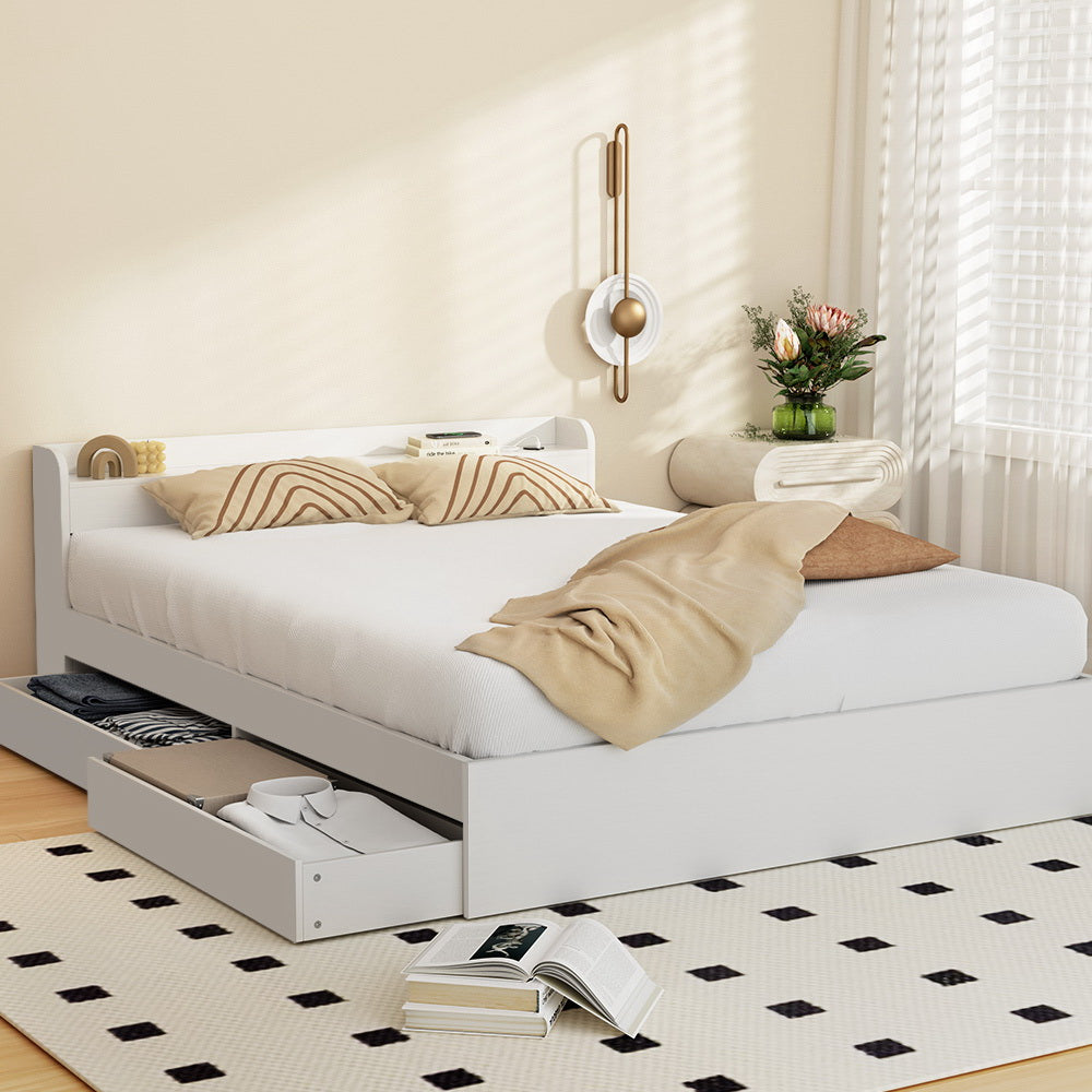 Artiss AURA queen bed frame with charging ports and 2 storage drawers in white — full view — Allure Home Collections
