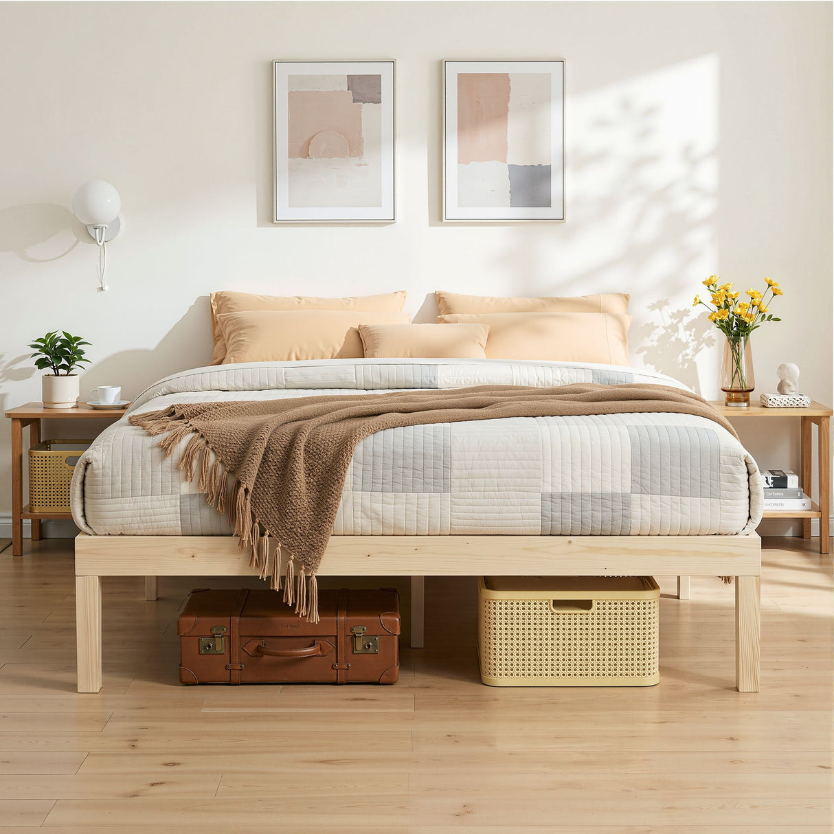 Albenga Pine Queen bed frame in a modern bedroom