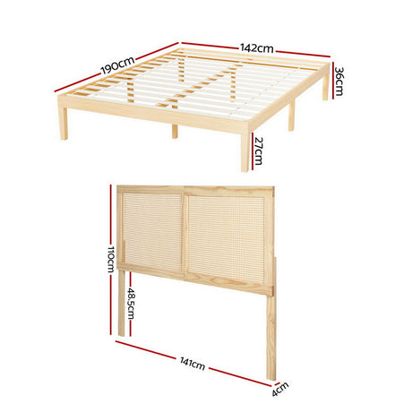 Artiss BRUNO double pine rattan bed frame side profile — Allure Home Collections