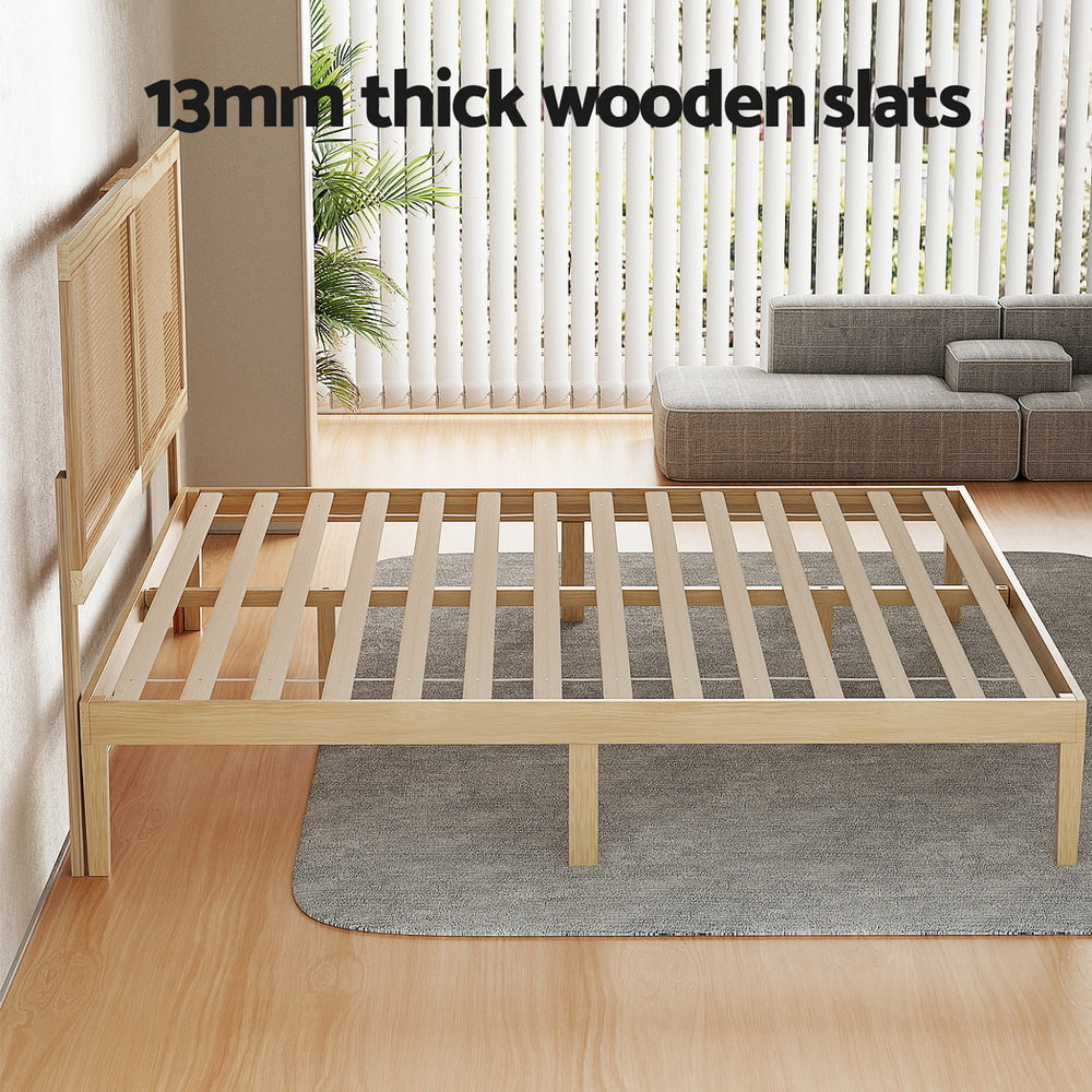 Artiss BRUNO double rattan pine bed frame styled in bedroom — Allure Home Collections
