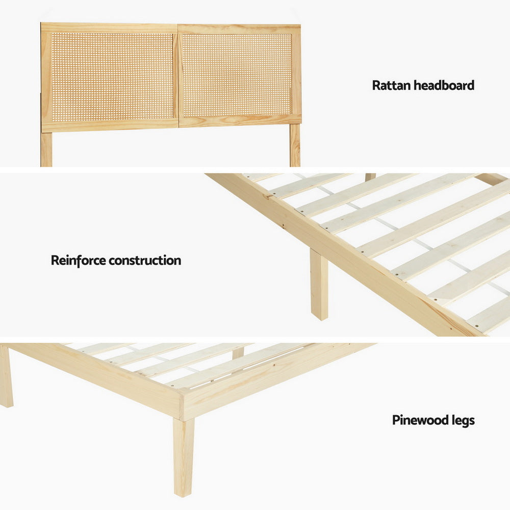 Artiss BRUNO rattan headboard and solid pine wooden slat base detail — Allure Home Collections