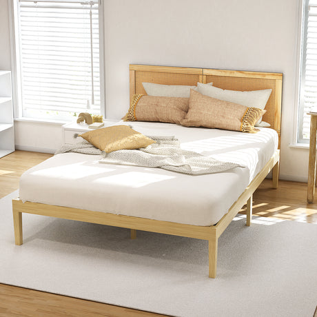Artiss BRUNO double bed frame in pine with rattan headboard — full front view — Allure Home Collections