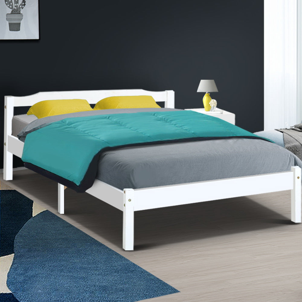 Artiss LEXI double white solid pine bed frame showing timber slat base — Allure Home Collections