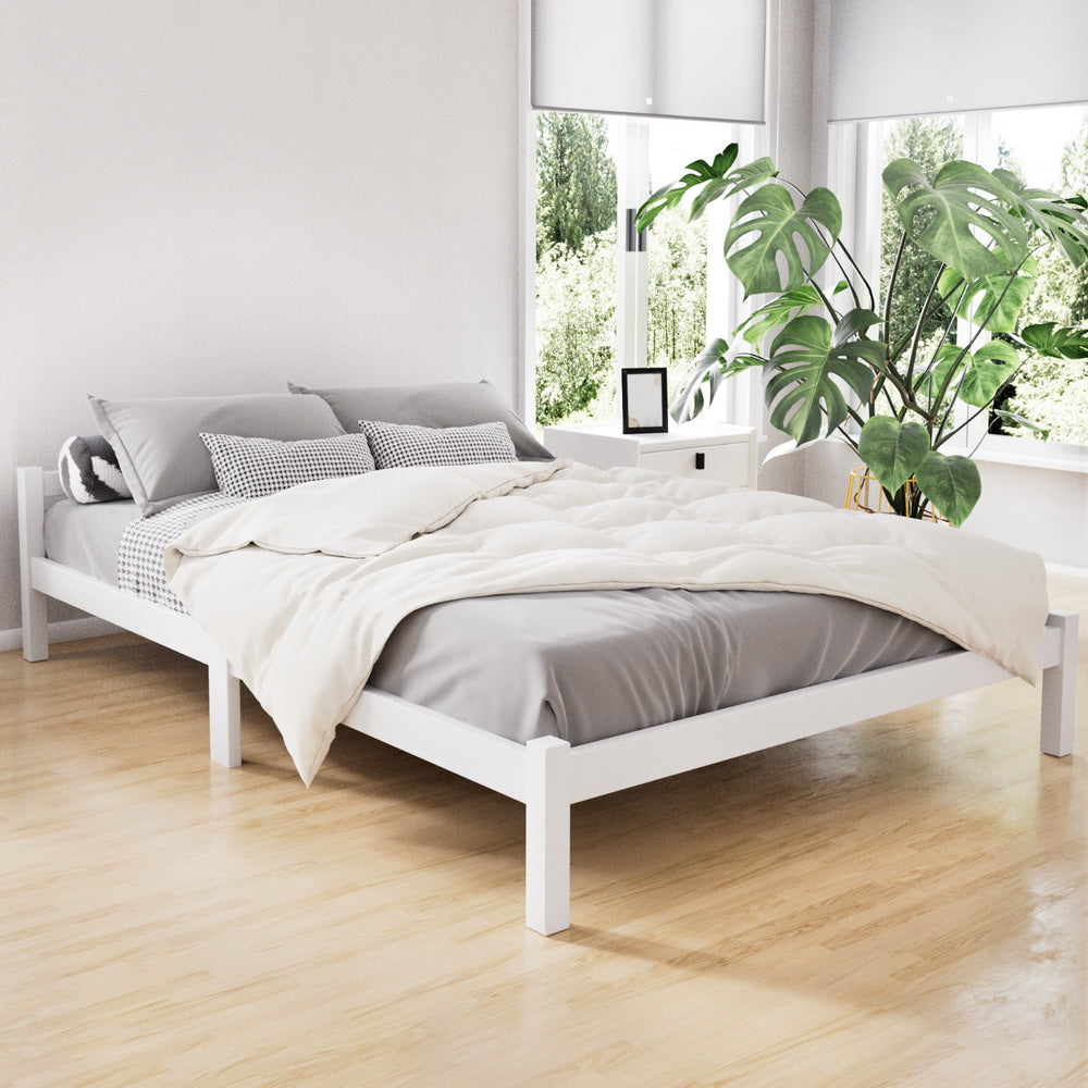 Artiss LEXI double solid pine bed frame in white — full front view — Allure Home Collections