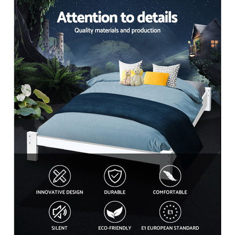 Artiss JADE double white pine bed frame side profile showing 17.5cm low-profile height — Allure Home Collections