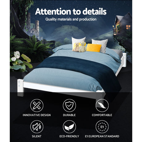Artiss JADE queen white pine bed frame side profile showing 30cm low profile — Allure Home Collections