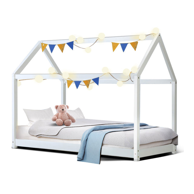 Kids house single bed frame in white