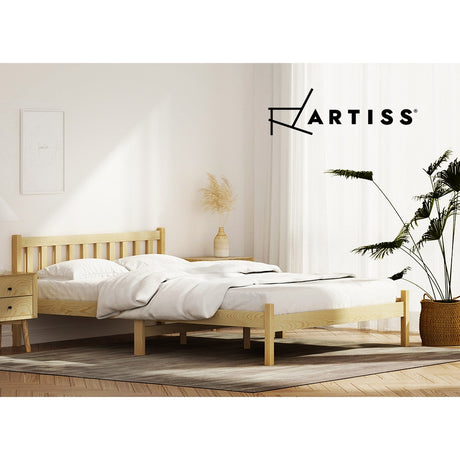 Artiss SOFIE oak solid pine double bed frame showing Australian mattress fit — Allure Home Collections