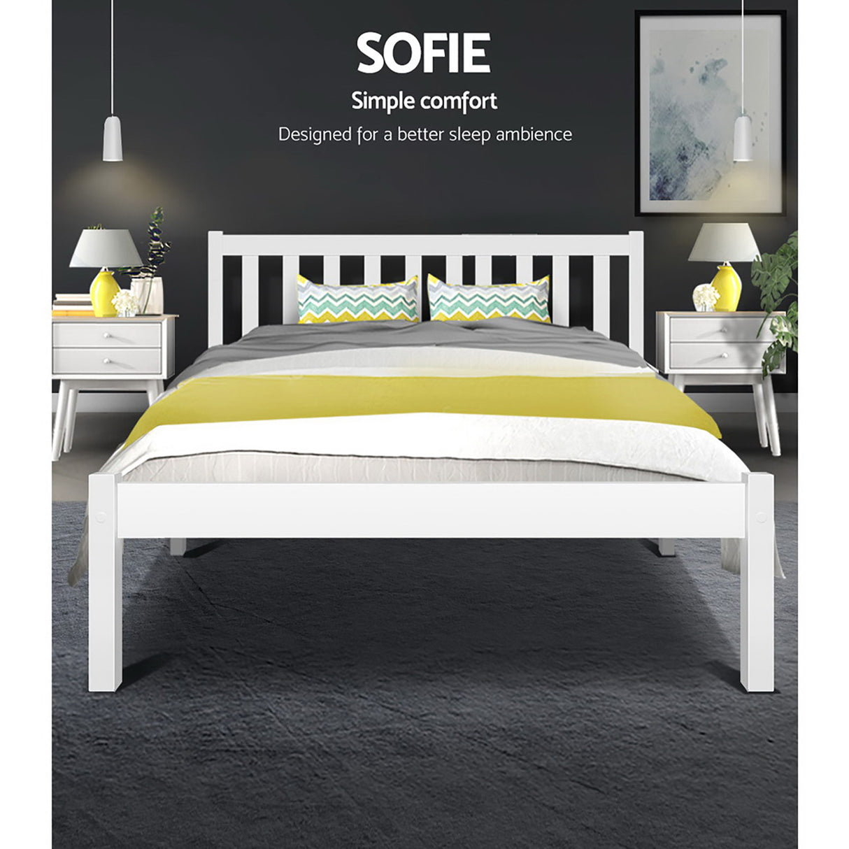 Artiss SOFIE double white pine bed frame side profile showing 23cm clearance — Allure Home Collections